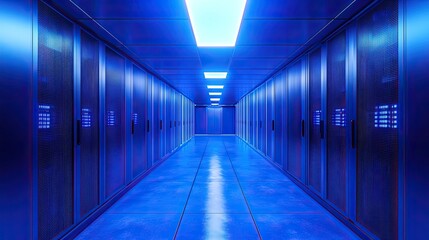 Digital cloud icon in a blue, cyber-inspired big data center, symbolizing data storage and transfer.