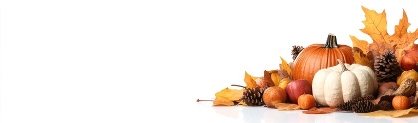 Autumnal gourds and leaves on a white background