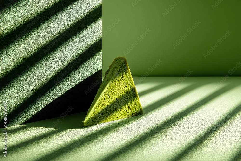 Poster Minimalist Matcha Cake Creates Intriguing Shadow Patterns in a Serene Green Space