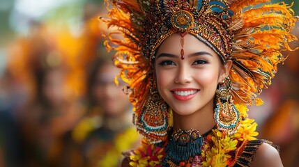 Festive woman. Smiling girl with headdress. Bright colors in festival dress. Exotic beauty and yellow feathers adorn her head and chest. Cheerful occasion