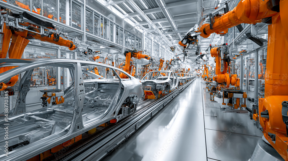 Poster assembly line showcasing robotic arms constructing car bodies, representing modern automotive manufa