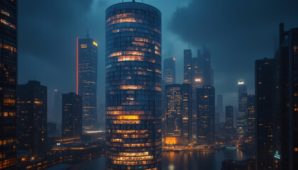 Fototapeta premium Modern skyscrapers illuminated at night.