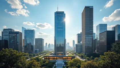 Obraz premium Modern skyscrapers in a vibrant urban landscape.