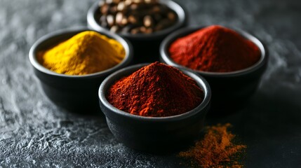 Vibrant Spices in Black Bowls: Culinary Photography