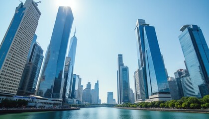 Modern skyscrapers reflect in the serene water.