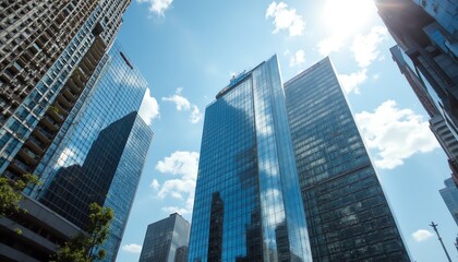 Fototapeta premium Modern skyscrapers tower against a blue sky.