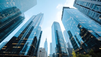 Obraz premium Skyscrapers reaching towards the blue sky.