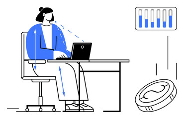 Woman working on a laptop at her desk with directional arrows suggesting posture improvement and productivity graphs. Ideal for wellness, productivity, workplace efficiency, remote work, office