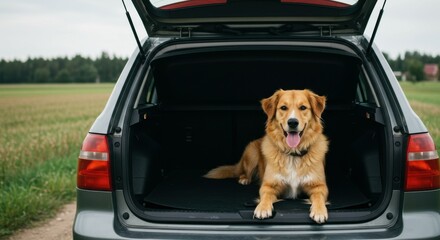 Dog relaxing peacefully in open boot on sunny trip.