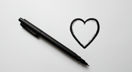 Close-up of heart doodle and black pen, minimal studio composition.