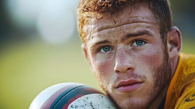 A determined young rugby player with bright blue eyes rests his head on a worn rugby ball after an intense game.