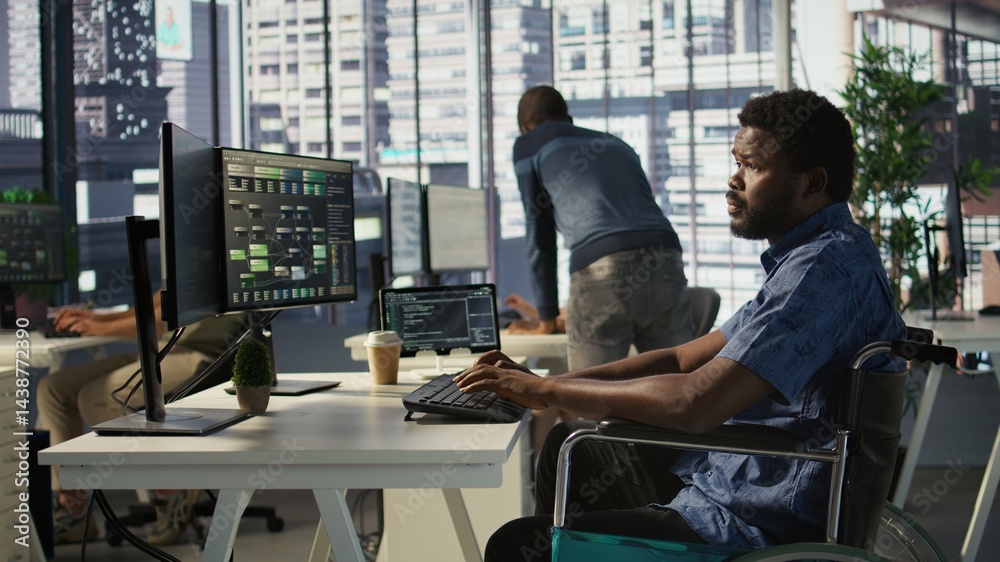 Poster software technician with disability in inclusive workplace working with machine learning tech. afric