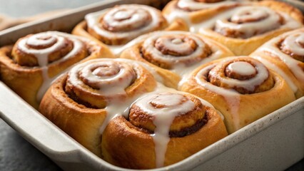 Freshly baked cinnamon rolls generously topped with white icing in a white baking dish, a delicious and comforting dessert.
