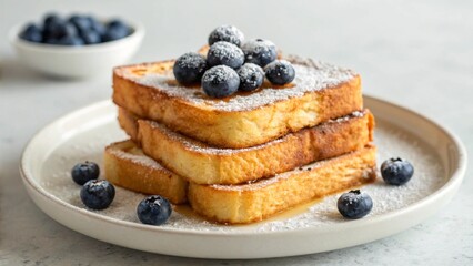 A delicious stack of three French toast slices on a white plate is topped with fresh blueberries and powdered sugar, with a blurred bowl of blueberries in the background, suggesting a sweet breakfast 