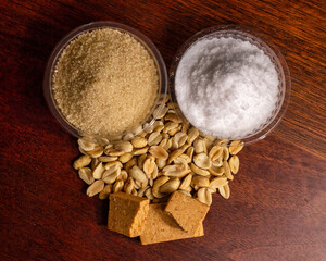 Brazilian peanut candy, known as Paçoca or Paçoquinha, with the basic ingredients of the composition, peanuts, sugar and salt.