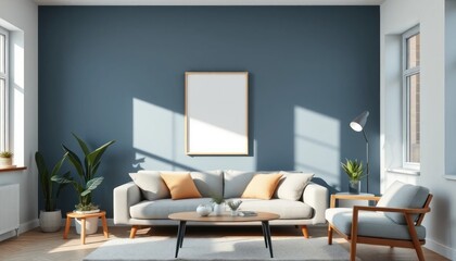 Contemporary living room with muted blue walls, natural light and subtle accents interior