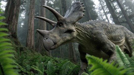 Triceratops in a misty forest