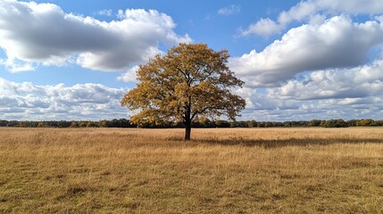 Fototapeta premium Solitary Autumn Tree in Golden Field Peaceful Landscape Serene Nature Scene Beautiful Fall Scenery Picturesque Rural View Stunning Countryside Image 
