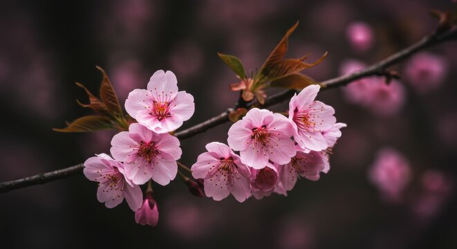 Cherry blossom branch displaying beautiful pink flowers in full bloom