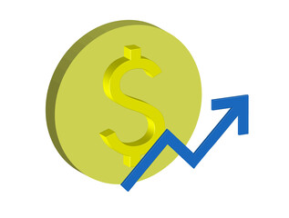 3D illustration of a coin with an upward arrow