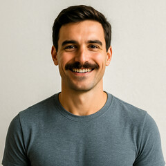 Fototapeta premium Cheerful young Caucasian man smiling with mustache on neutral background