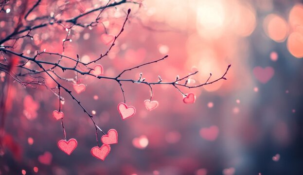 Winter Love. Soft pink hearts on frosted branches - Powered by Adobe