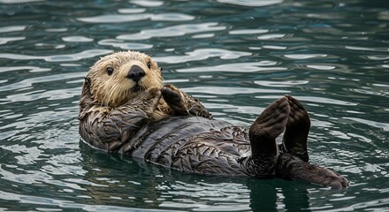 Adorable sea otter with slick fur, floating in water
