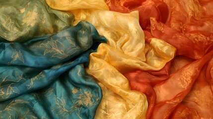 Draped Teal, Gold, and Orange Silk Fabric with Floral Pattern