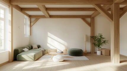 Modern minimalist living room, sunlight, wooden beams, serenity