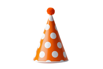 Orange Party Hat with White Polka Dots Isolated on White for Celebration Concepts: Festive Cone-Shaped Headwear Imagery: Party, Hat, Orange, Polka, Dots, Isolated, White, Celebration, Festive, Cone

