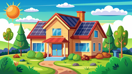 Naklejka premium Very beautiful home with solar panels on the roof, surrounded by a beautiful well kept garden and green grass,