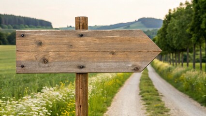 Fototapeta premium A rustic wooden signpost with a blank arrow pointing right stands in a grassy field with a winding path and trees in the blurred background, symbolizing a choice or direction in a natural setting. 