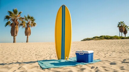 A white surfboard stands upright on a blue mat next to a blue cooler on a sandy beach, with blurred palm trees in the background, symbolizing a perfect day for surfing and relaxation.

