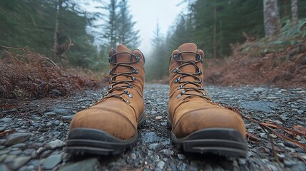 A pair of sturdy brown leather hiking boots sits on a gravel path leading into a misty forest.