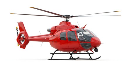 Realistic 3D render of a red rescue helicopter, isolated on a white background.