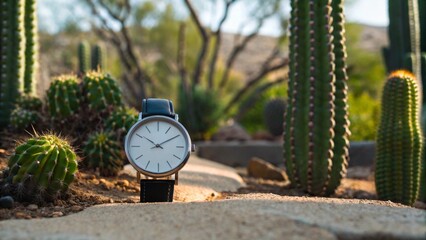 Naklejka premium A dark analog wristwatch with a leather strap lies on a light surface in a desert landscape with blurred cacti in the background, symbolizing time in nature. 