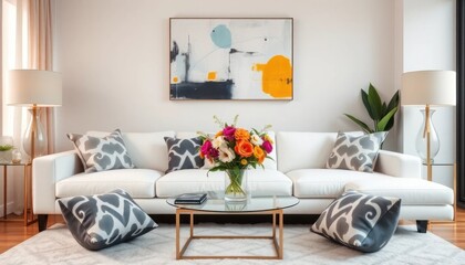 Modern living room with abstract art and floral arrangement creating a sophisticated and welcoming space for relaxation