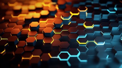 Obraz premium Dynamic interplay of orange and blue hexagons creates an immersive abstract background with futuristic depth and vibrant neon illumination