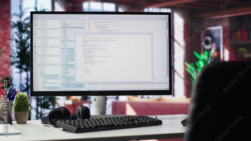 Fototapete Home office with PC running terminal window for programming code. Designed for IT professionals, the space offers comfort for working on user interface, debugging and algorithm scripts.