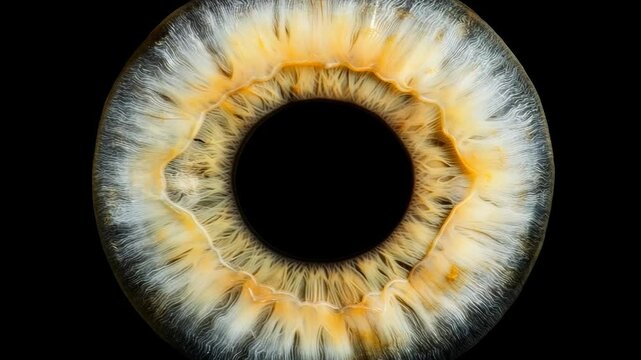 Detailed close-up view of a vibrant eye with intricate patterns and textures on a black background