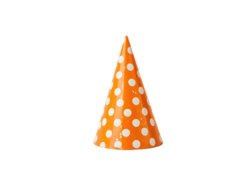 Orange Party Hat with White Polka Dots Isolated on White for Celebration Concepts: Festive Cone-Shaped Headwear Imagery: Party, Hat, Orange, Polka, Dots, Isolated, White, Celebration, Festive, Cone

