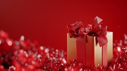 Obraz premium Elegant Gold Gift Box with Red Ribbon Festive Holiday Present Luxury Christmas New Year Decoration Celebration Surprise Beautiful Packaging Design 