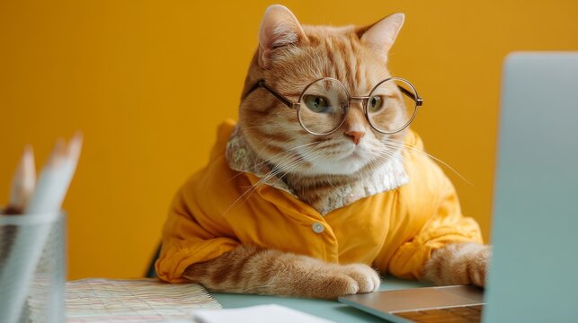 Highly productive cat focused on work in office