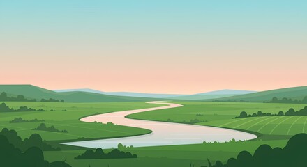 Serene River Winding Through Lush Green Valley at Sunset