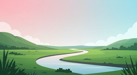Serene River Landscape Green Meadow Winding River Hills Peaceful Nature Scene