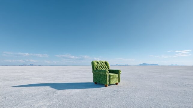 Cozy green velvet armchair stands alone on bright white salt flats beneath an endless horizon, evoking surreal minimalism and tranquility in a cinematic setting