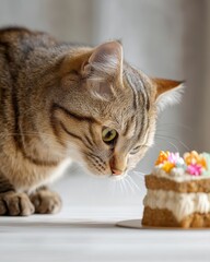Fluffy tabby cat curiously exploring a small festive birthday cake in a cozy home setting with soft natural light