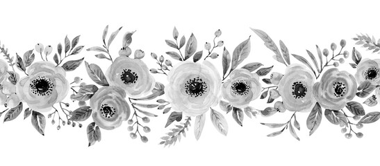 Seamless botanical monochrome border with anemone flowers, watercolor illustration.