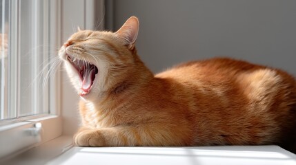 Cozy orange tabby cat experiencing a blissful yawn while basking in sunlight on a windowsill in a serene home environment