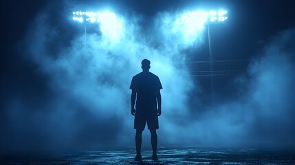 A lone athlete stands silhouetted against bright stadium lights and swirling fog at night reflecting on his game.